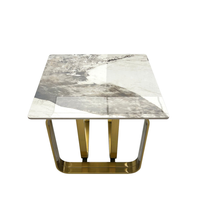 Table de bout rectangulaire avec plateau en pierre frittée, structure en métal, Doré