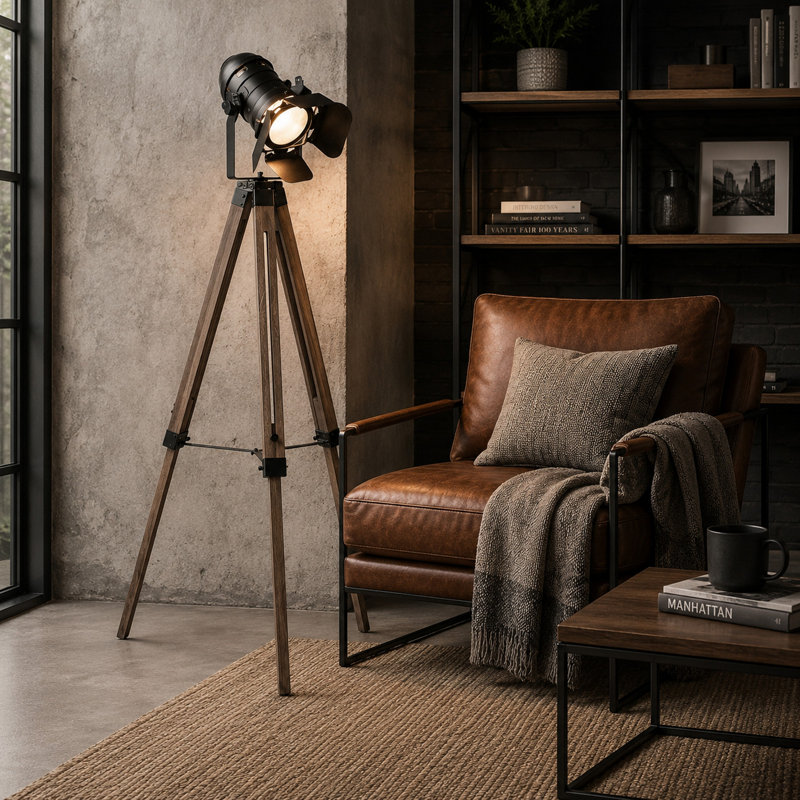 Lampe sur pied 55 po avec cadre en bois de style trépied, projecteur, brun et noir