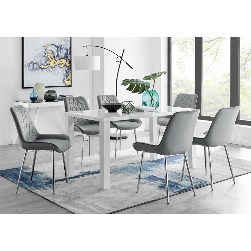 Eubanks High Gloss 6 Seat Rectangular Dining Table Set with Velvet Upholstered Dining Chairs, Gray/Silver