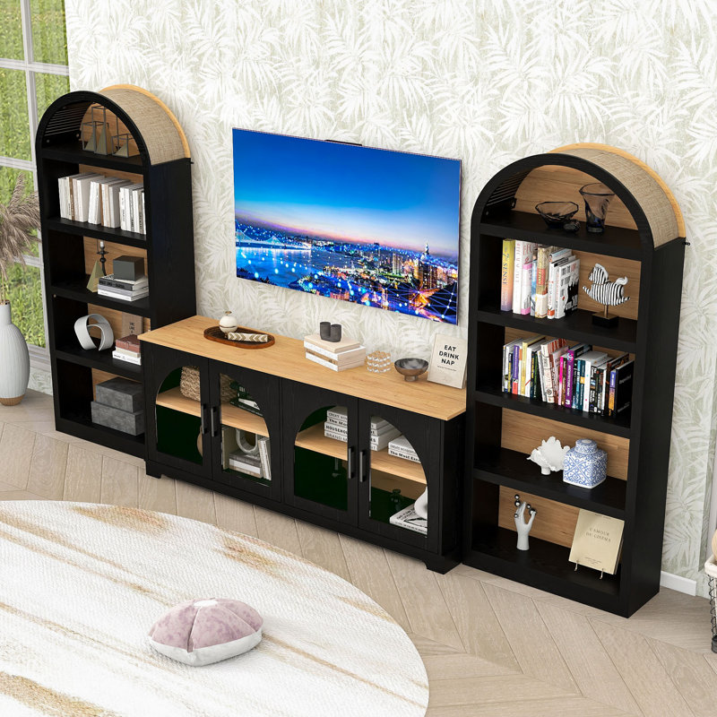 Meuble audio-vidéo en bois avec tablettes réglables et armoires à portes en verre, Noir