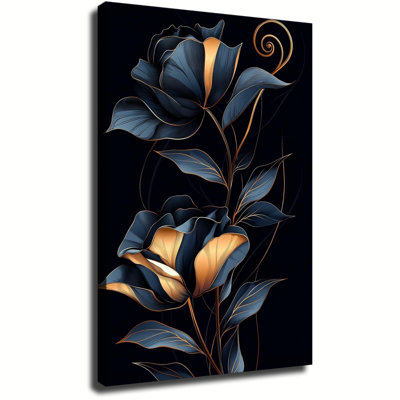 Luxueuse rose bleu foncé avec des lignes dorées, impression sur toile grand format tendue sur châssis, idéale pour le salon ou la chambre.