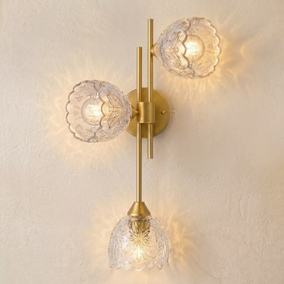 3-Light Brushed Gold Wall Sconce with Clear Floral Glass Shades
