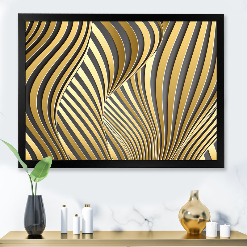 Wavy Luxury Gold Gradients I - peinture sur toile, H 16 po x l 32 po, Toile avec cadre de coin noir fermé