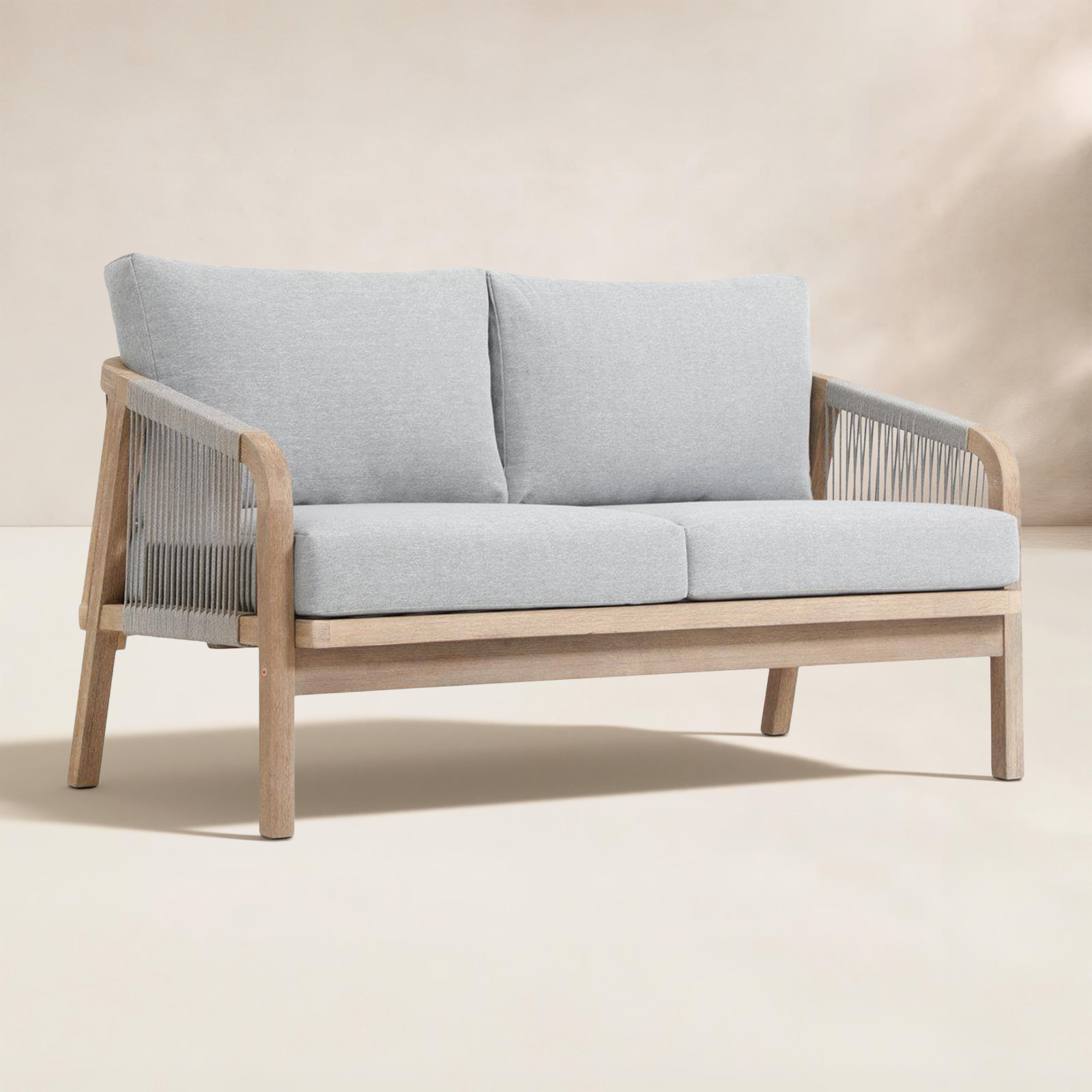 Mariliva 54" Acacia Patio Loveseat, Gray Cushion/Natural Wood Frame