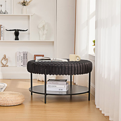 Upholstered Round Ottoman Footstool With Open Storage Shelf