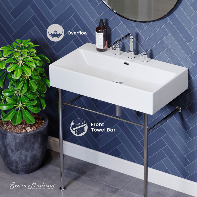 Claire 30" Console Sink White Basin Chrome Legs With 8" Widespread Holes, White/Chrome