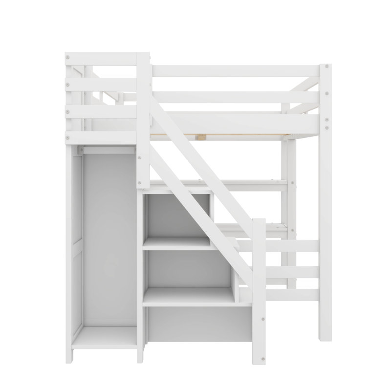 Lit surélevé avec tablettes, escalier de rangement, mini garde-robe et éclairage DEL, Double