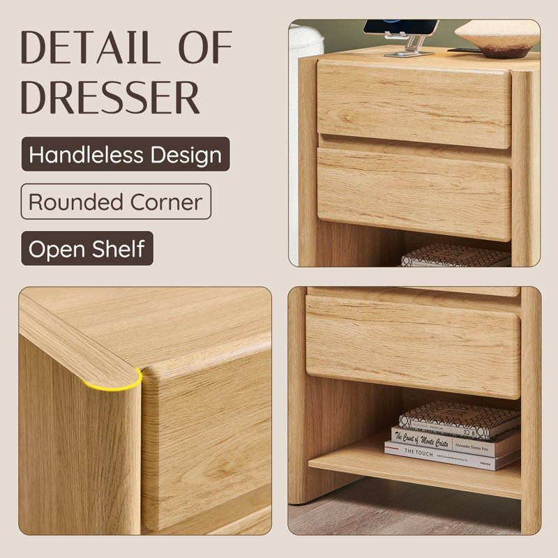 Table de chevet moderne de 25 po avec station de charge Bolanos, table de chevet en bois avec 2 tiroirs de rangement et tablette ouverte, conception d'angle arrondi pour la chambre à coucher