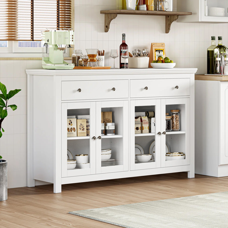 Buffet moderne en bois avec 2 portes et 2 tiroirs Dasir, Blanc, bronze