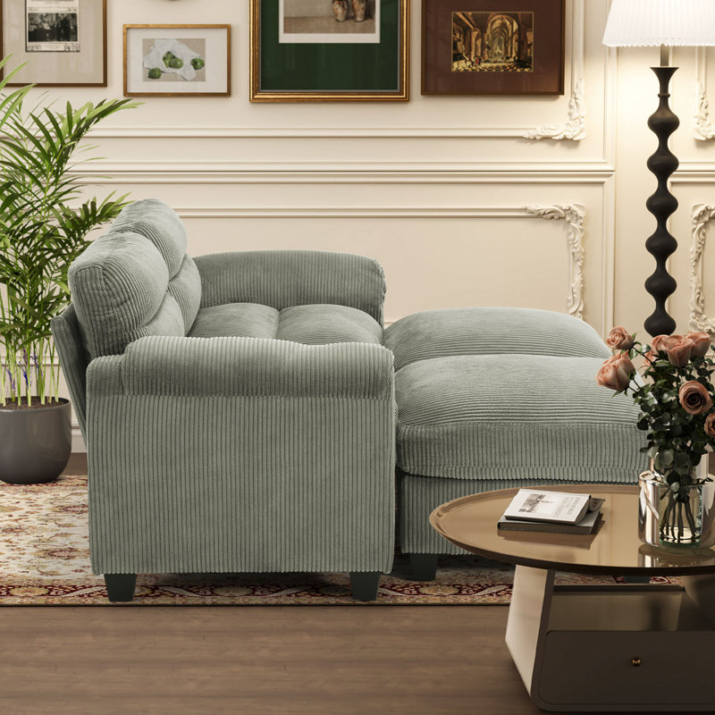 61.8'' Corduroy Upholstered Modular Loveseat Sofa With Ottomans & Adjustable Pillowtop Arm, Green