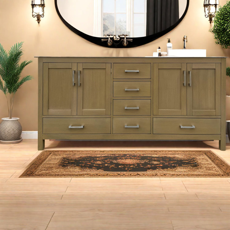 Meuble-lavabo spacieux en chêne avec lavabos doubles et rangement