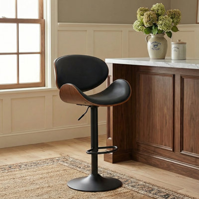 Modern Upholstered Swivel 24”H Barstool, Adjustable Height Counter Stool with Bentwood, Faux Leather Upholstered Bar Stool with Metal Frame by George Oliver