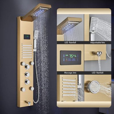 	Gold Stainless Steel LED Shower Panel Tower System Faucet Rain Massage Body Jet