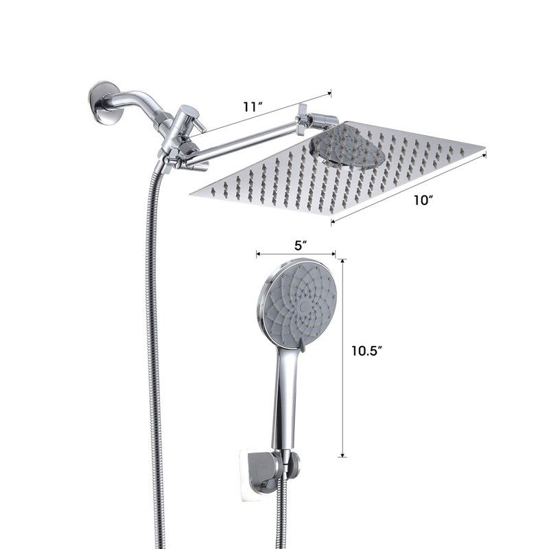 Shower Head, 10 Inch High Pressure Rainfall Shower Head/Handheld Shower Combo With 11 Inch Extension Arm, 6 Settings Adjustable Anti-Leak Shower Head With Holder/Hose, Height/Angle Adjustable
