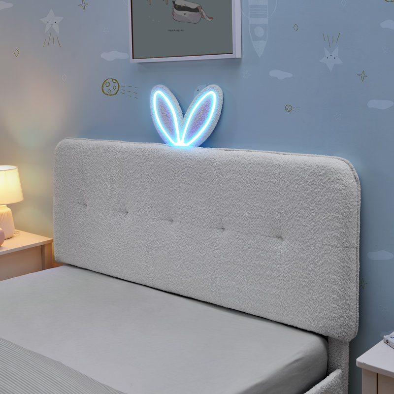 Upholstered Bed Frame with LED Lights and Bunny Ear Headboard, Boucle Platform Bed with 4 Storage Drawers, Beige, Full, Beige