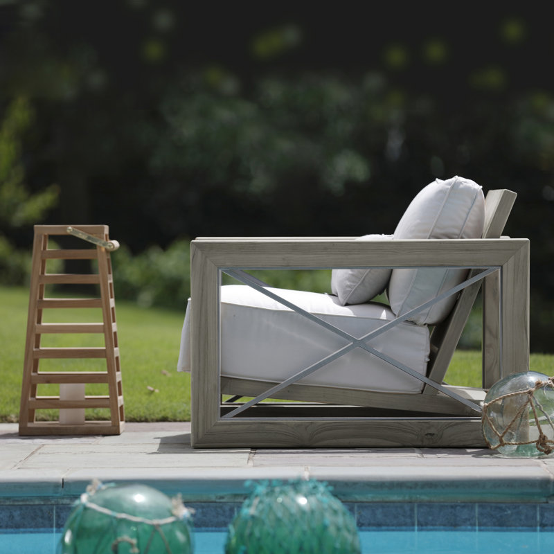 Malta Teak Outdoor Lounge Chair, Oyster Teak/Brushed Stainless, No welt + Standard fill, Natural White