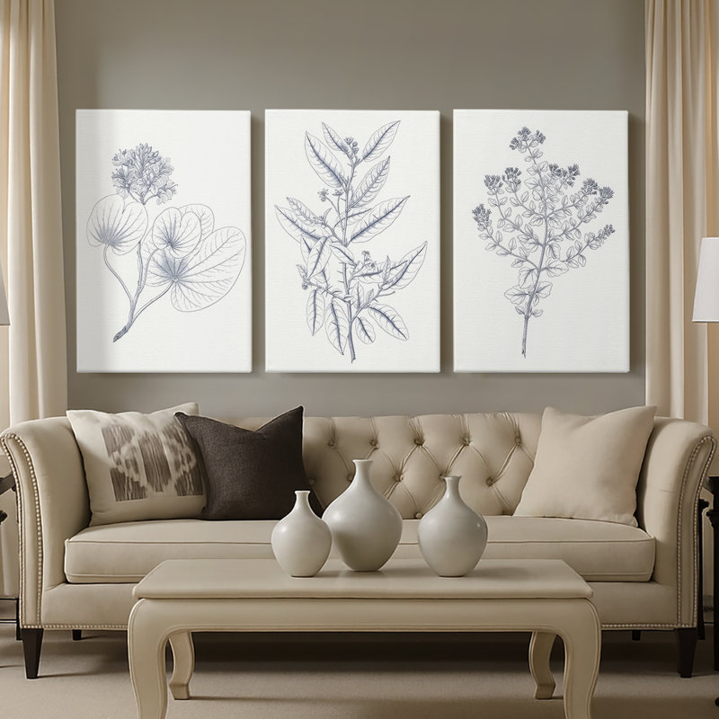 Indigo Botany Study IV - Toile tendue avec châssis sur mesure - 3 pièces, H 12 po x l 24 po