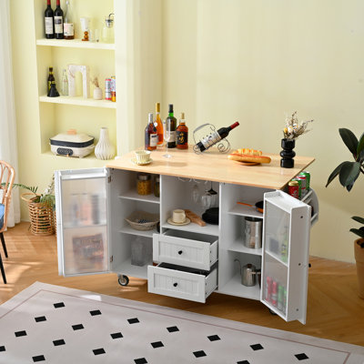 Kitchen Trolley With Drop - Leaf Table Area, 2 Drawers, Door Cupboard, Towel And Spice , White Rubberwood Design, 47.39 In Depth, Easy To Roll Workspace, Finish, Frame, 33.66 Height, 102.79 Lb
