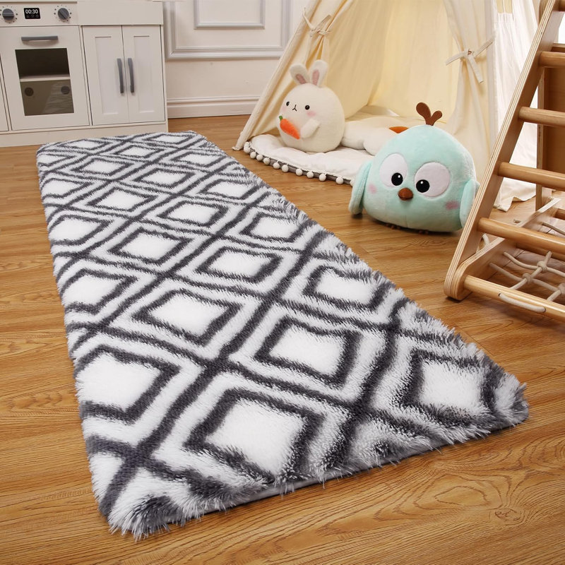 Tapis de couloir 2 x 6 antidérapant, à poils moyens, à motif de losanges, lavable et facile à nettoyer pour les couloirs, les entrées, la cuisine, le blanc et le gris