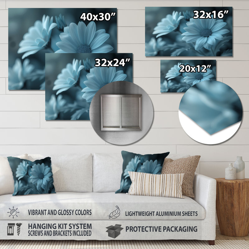 «Blue Mon monochrome Mums Garden Scenery I - Mums Wall Art Living Room», Sans cadre, métal, H 34 po x l 44 po