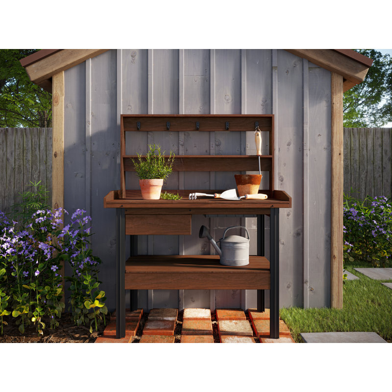 Vita 46" Dark Brown Cedar Potting Bench with Hooks