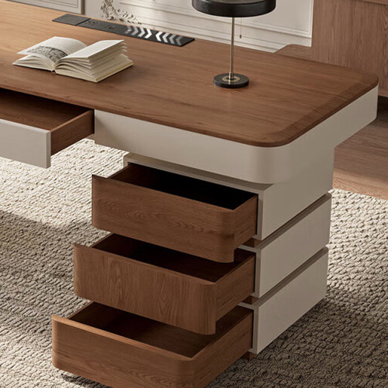 Bureau rectangulaire à 4 tiroirs en bois manufacturé brun noisette + blanc beige, Retour à droite