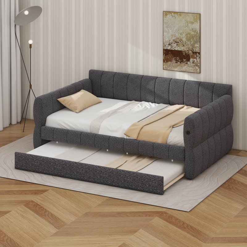 Queen Upholstered Platform Bed With Trundle, Gray