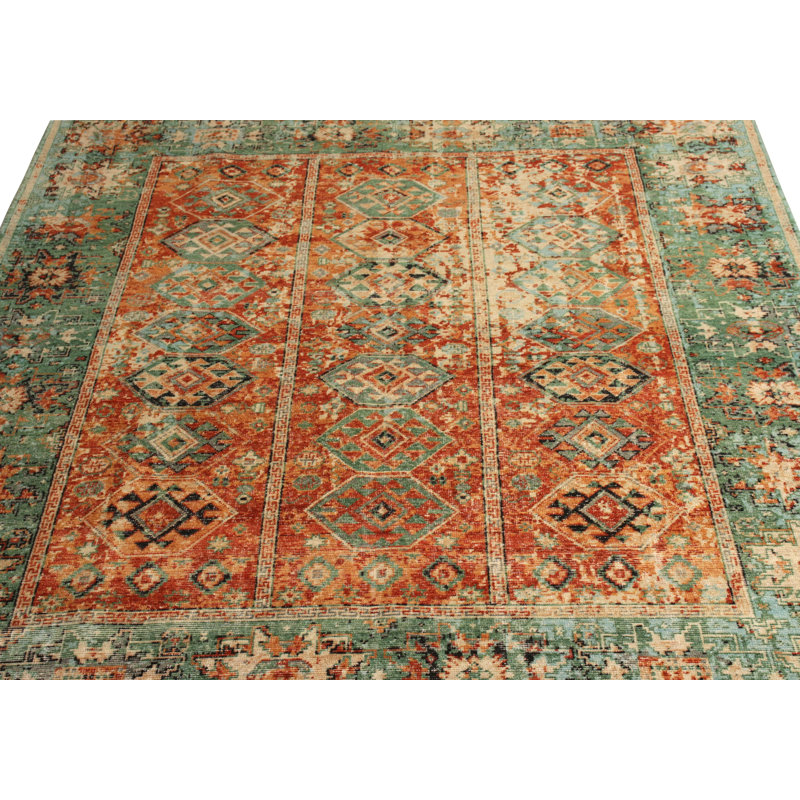 Hand-Knotted Classic Geometric Pattern Rug With Orange Green By Rug & Kilim, Rectangle 13' x 18'