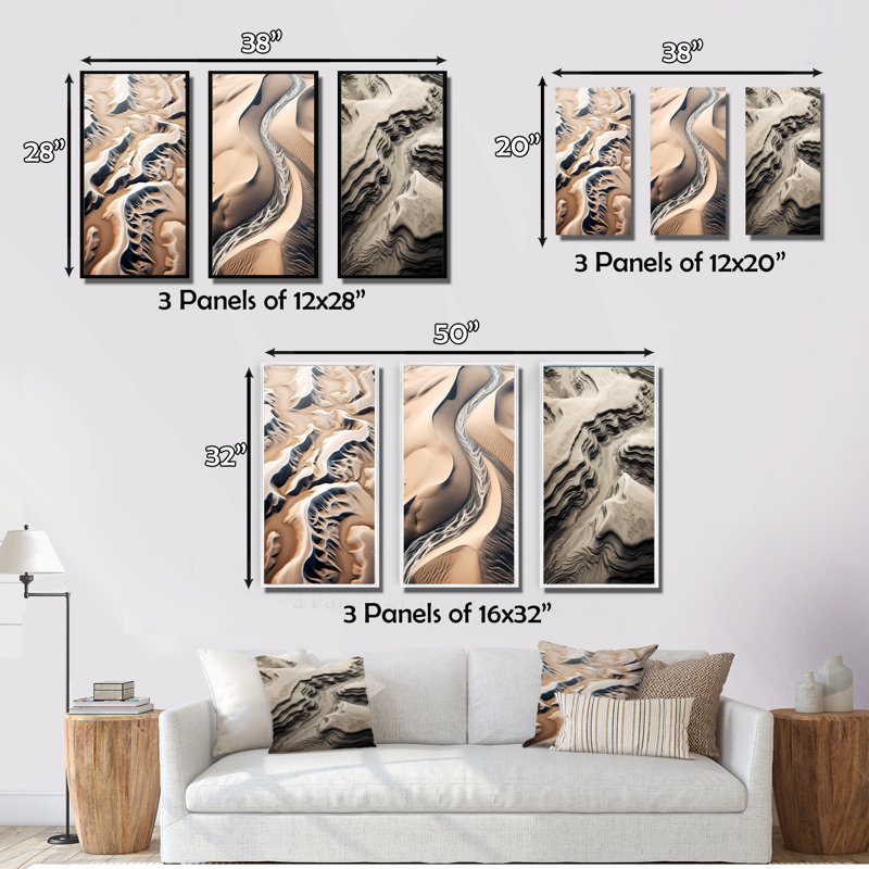 «Eernal Dunes Desert Rivers», 3 pièces, H 48 po x l 32 po, Cadre flottant blanc