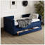 Lit de jour simple tapissier avec couchette - 3 tiroirs de rangement - Chenille - Bleu foncé-1848182223
