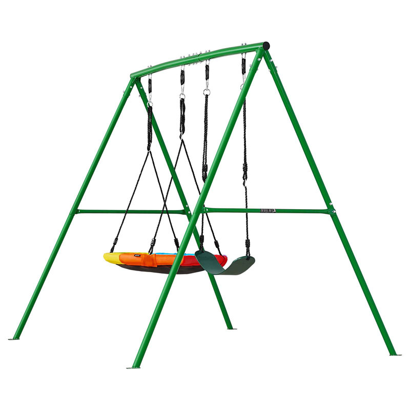 Ensemble de balançoire pour la cour arrière, siège de balançoire de soucoupe 32 po et siège de ceinture, avec support en métal robuste à structure en A, capacité de charge de 440 lb, renforcé avec des ancrages en spirale au sol, ensemble de jeu extérieur pour enfants