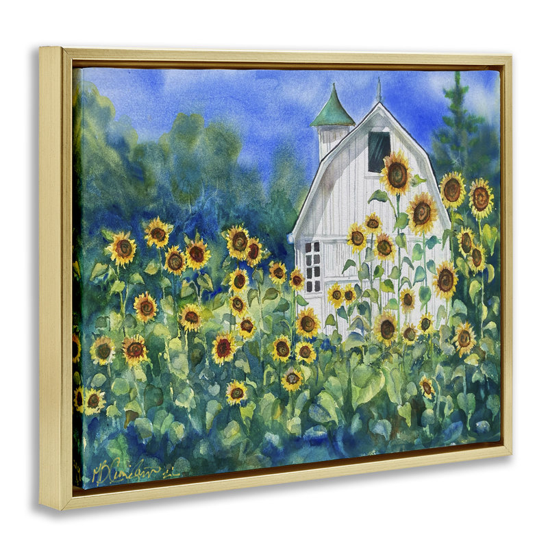 Tall Sunflowers & Country Barn, 17" H x 21" W, Metallic Gold Floater Frame