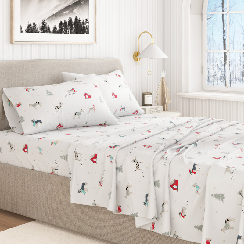 Ensemble de draps de Noël 100% flanelle de coton turc, Chiots dans la neige, Grand avec deux taies d'oreiller