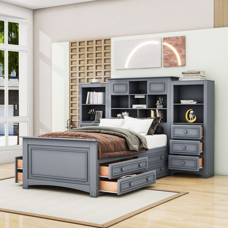 Lit plateforme en bois avec tiroirs et tablettes Brandace, gris