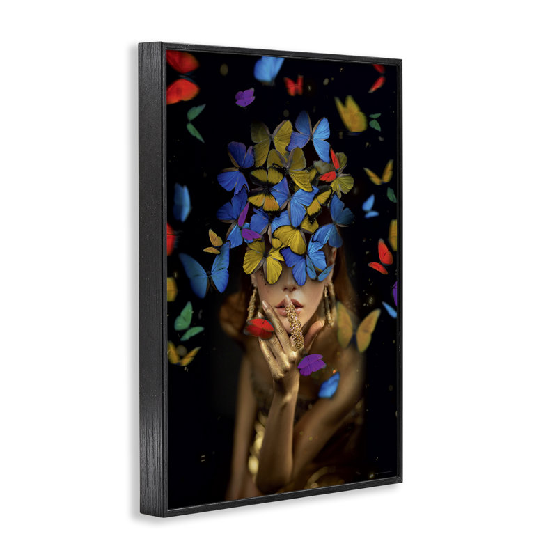 Art giclée sur papillon par une femme par Reinders, H 30 po x l 20 po, Giclée encadrée noir minuit