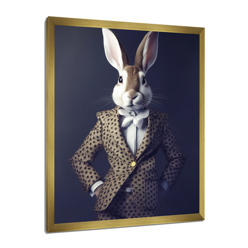 Impression sur toile de lapin blanc en costume de fantaisie, Cadre doré simple, H 20 po x l 12 po x P 1 po