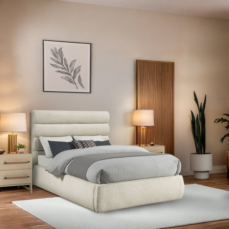 Lit en tissu Adam Boucle, Tissu bouclé crème, Double