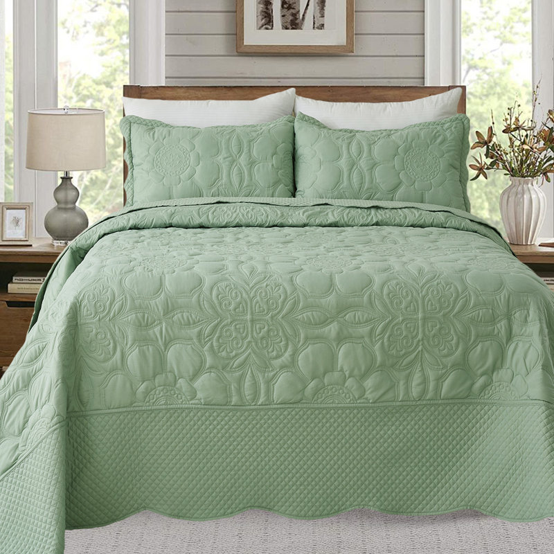 Ensemble de literie avec couvre-lit très grand classique avec motif floral de couleur unie (vert sauge 106 po x 96 po)