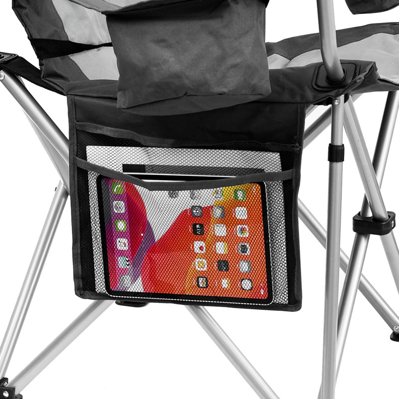 Gray and Black High Back Folding Camping Chair with Cooler Pouch