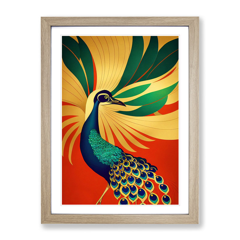 Peacock Art Deco No.1 - Framed Print, 46cm H x 34cm W x 2cm D, Oak Framed
