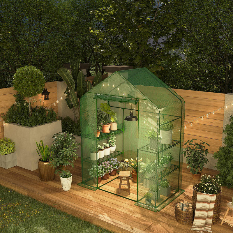 57" L x 28" W x 76" H Walk-In Outdoor Greenhouse, Portable Heavy Duty Plant House with 4 Tiers 12 Shelves and Durable PE Cover, Weather-Resistant Grow Tent with Roll-Up Door and Ventilation Windows