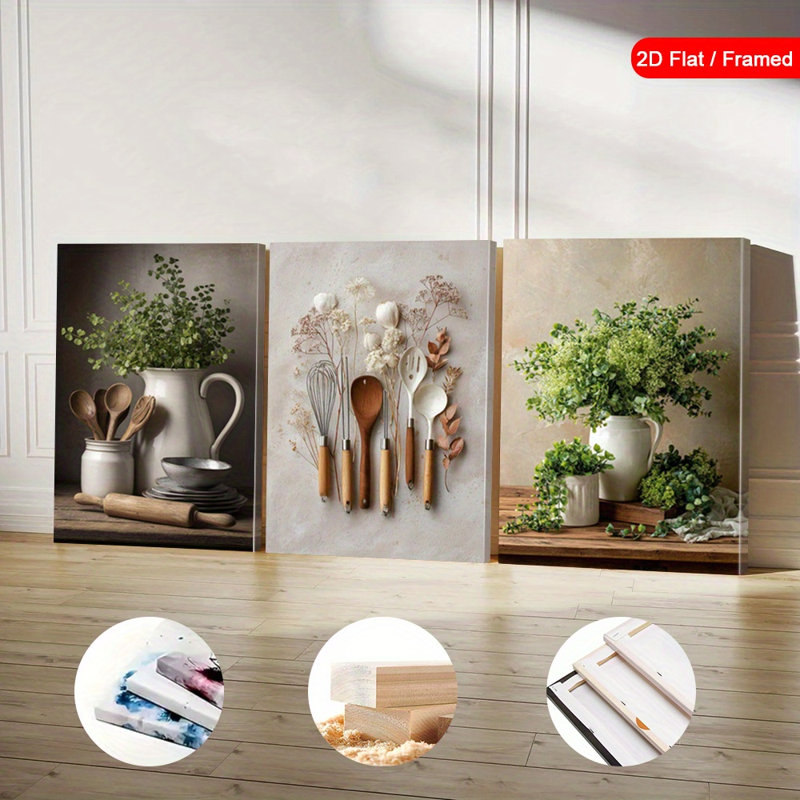 Impression sur toile 3 pièces pour ustensiles de cuisine et verdure, 30 * 20 pouces 3 pièces