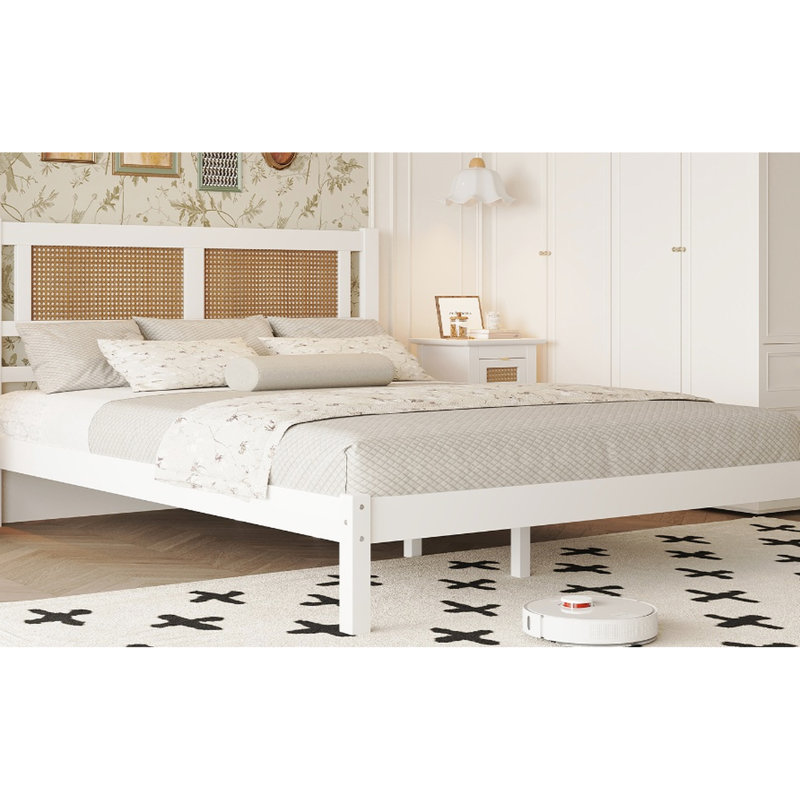 Grand lit minimaliste avec tête naturelle - Chambre à coucher, plateforme à la mode pour tête de lit, élégant et blanc