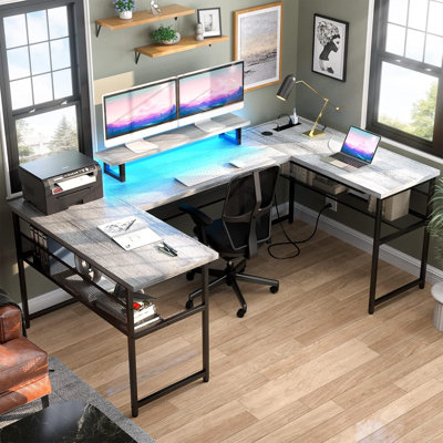 Manasa 83" U-Shape Computer Desk with LED Light Strip and Sockets