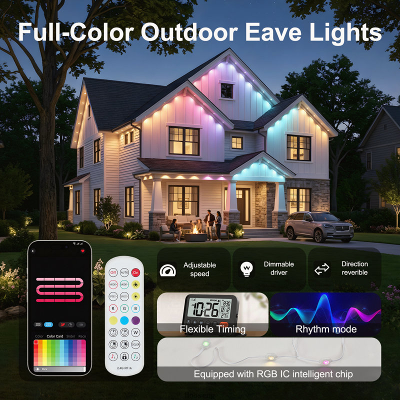 Guirlande lumineuse extérieure intelligente RGB de 15 m avec 30 DEL pour avant-toit, 75 modes d'éclairage, étanchéité IP67
