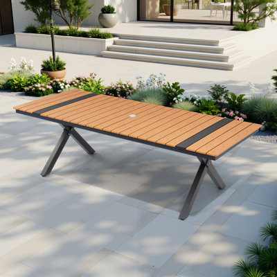 8-12 Person Plastic Desktop & Aluminum Frame Rectangular Outdoor Dining Table with Umbrella Hole