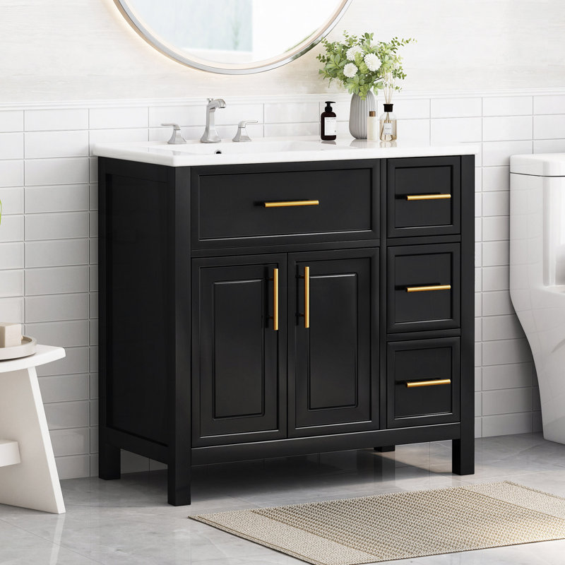 Meuble-lavabo de salle de bain avec comptoir, meuble-lavabo avec deux portes et trois tiroirs, bois massif, panneaux de fibres à densité moyenne, un paquet, noir