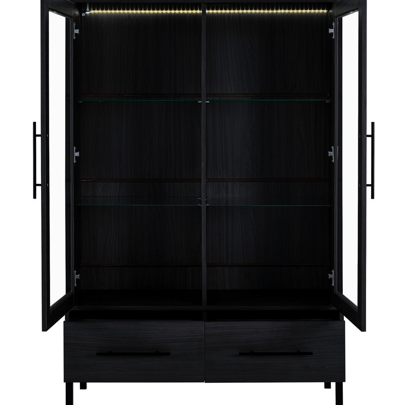 Présentoir de 60 po de hauteur avec éclairage à DEL, deux tiroirs, porte en verre trempé pour bureau, salon noir, porte