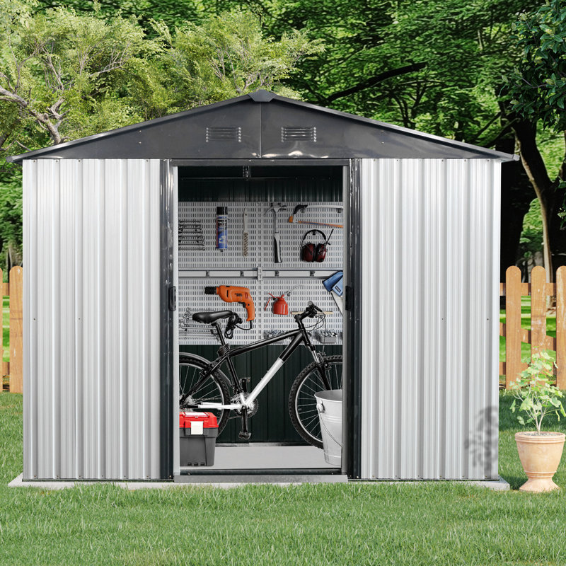 Metal Storage Shed, White/Black Incorrect, 74.75" H x 93" W x 51.75" D Incorrect