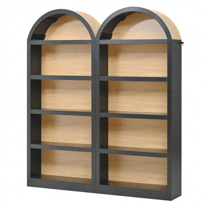 Ensemble de 2 grandes bibliothèques autoportantes, armoire de rangement ouverte bicolore avec plateau arqué en tissu, bibliothèque à 5 niveaux pour le salon, la chambre à coucher, le bureau personnel, noir et naturel